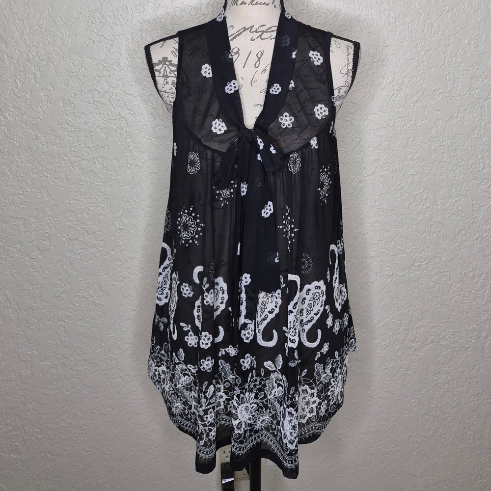 Ember Black White Paisley Floral Mesh Tie Front Sleeveless Top Large